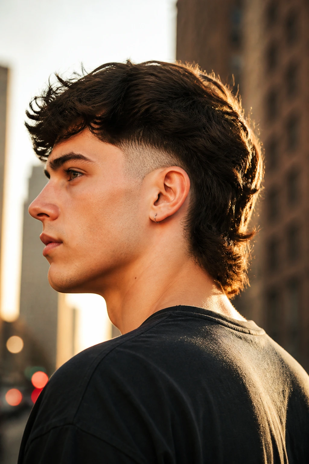 Real person with burst fade mullet in an urban setting