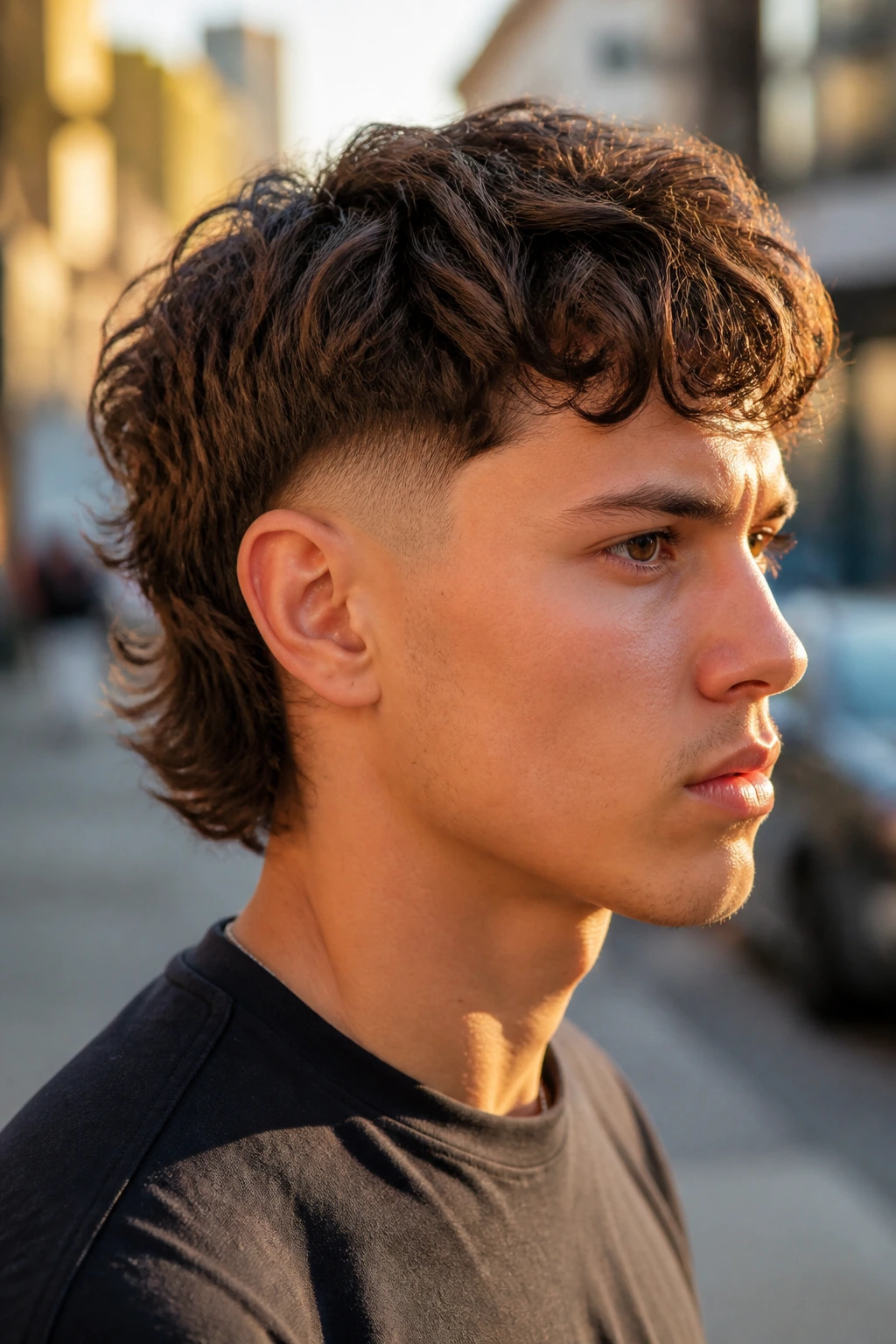 Close-up portrait of a real person with burst fade mullet around ears and textured back