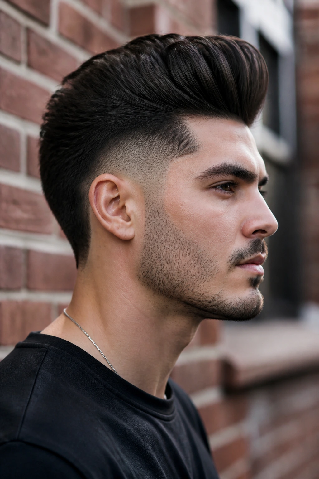 Medium close-up of man with Burst Fade Pomp and textured top