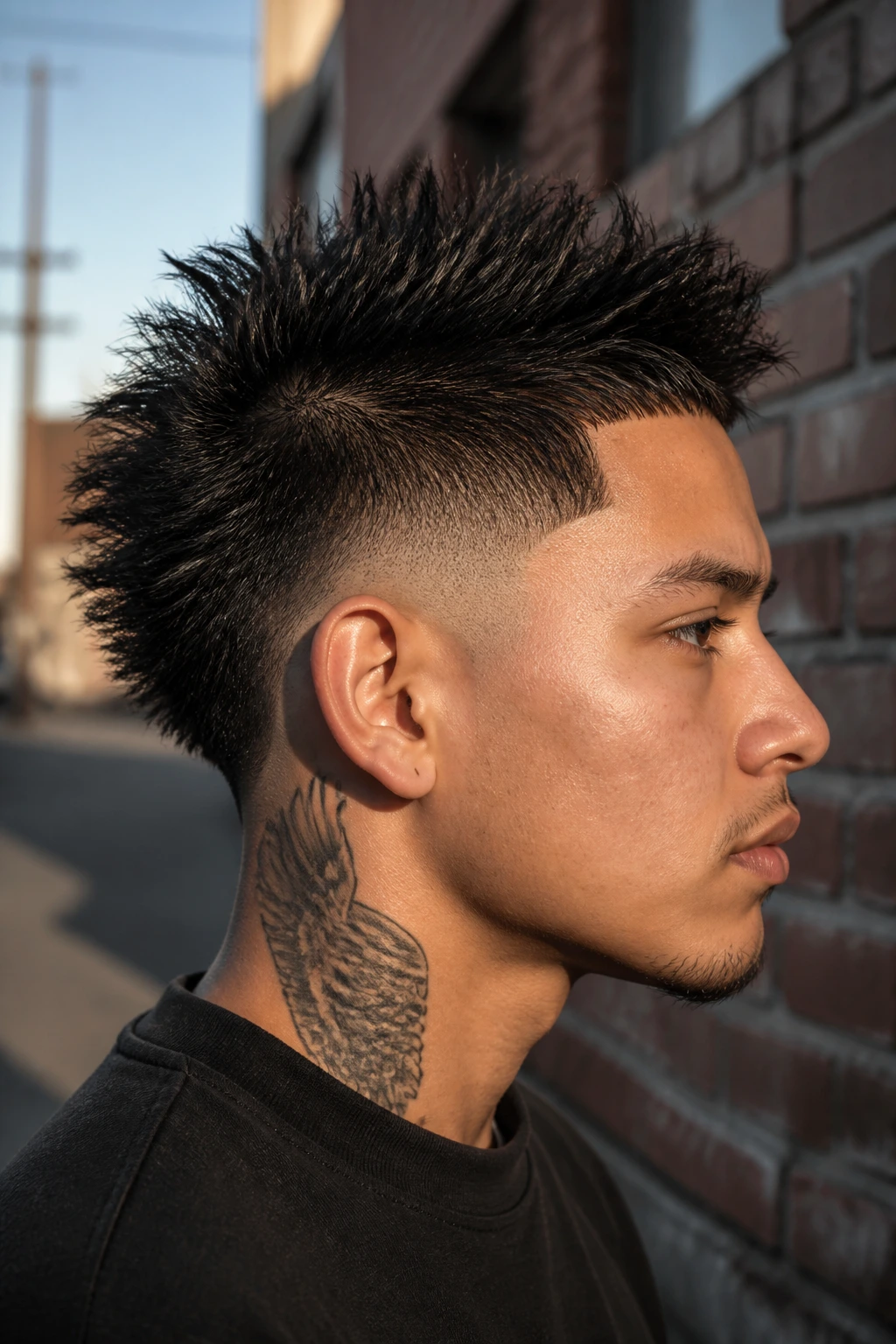 Man with burst fade spikes against brick wall