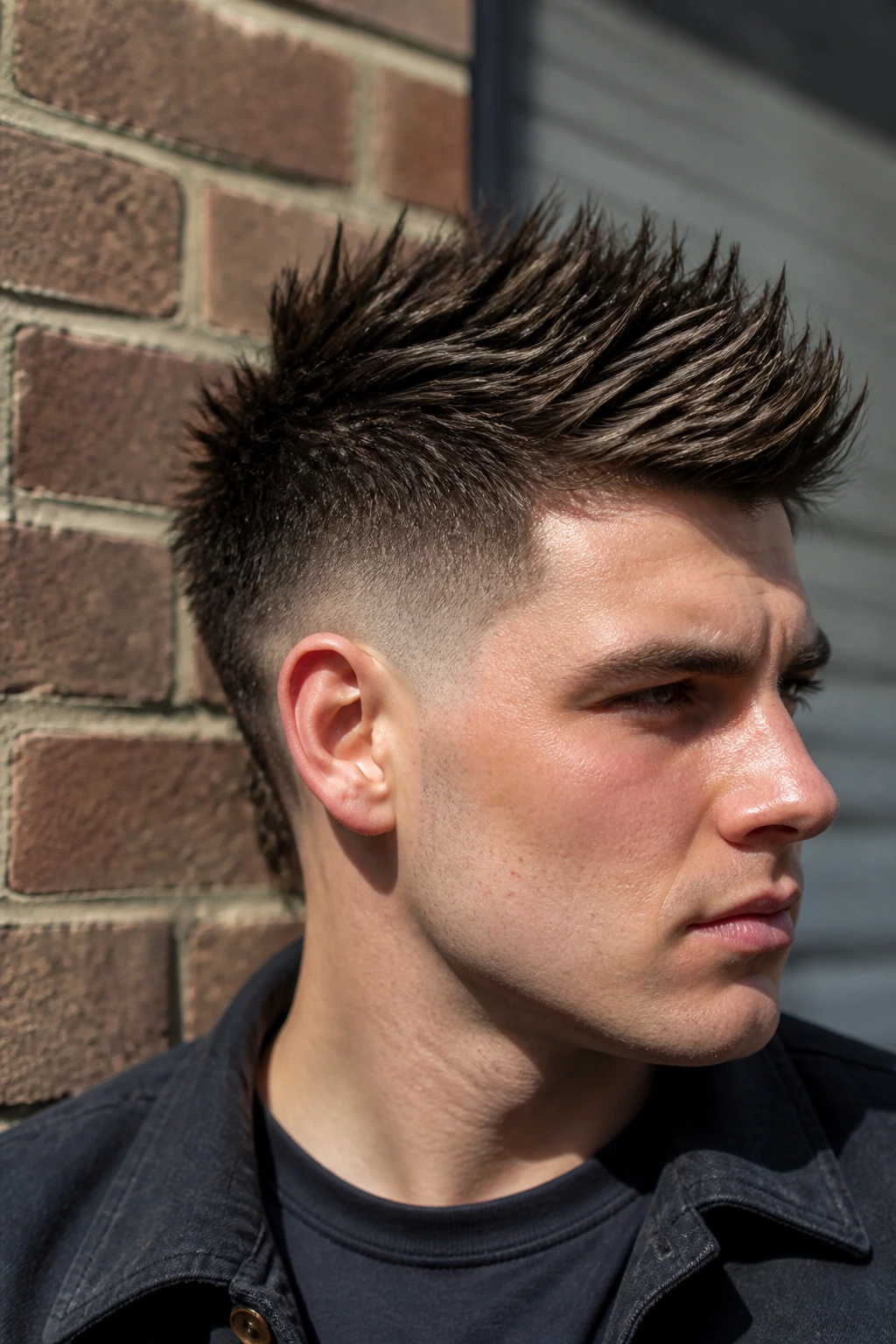 Close-up of a man with burst fade and spiky top hairstyle