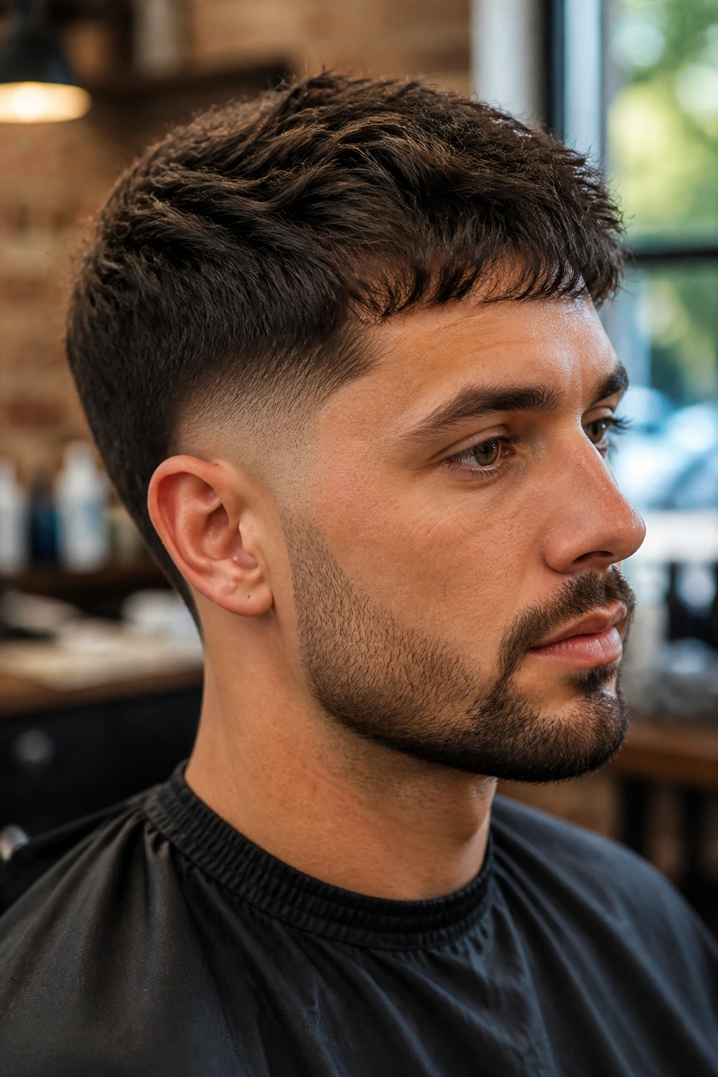 Close-up portrait of a man with burst fade and textured crop.