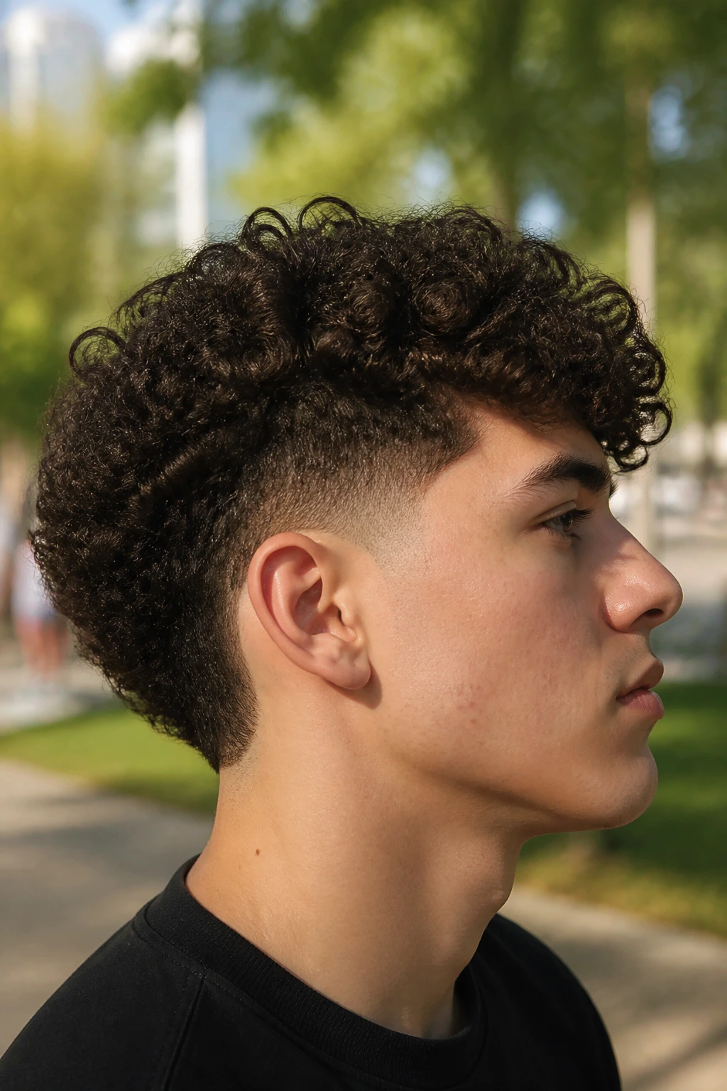 Portrait of a man with burst taper and curly top.