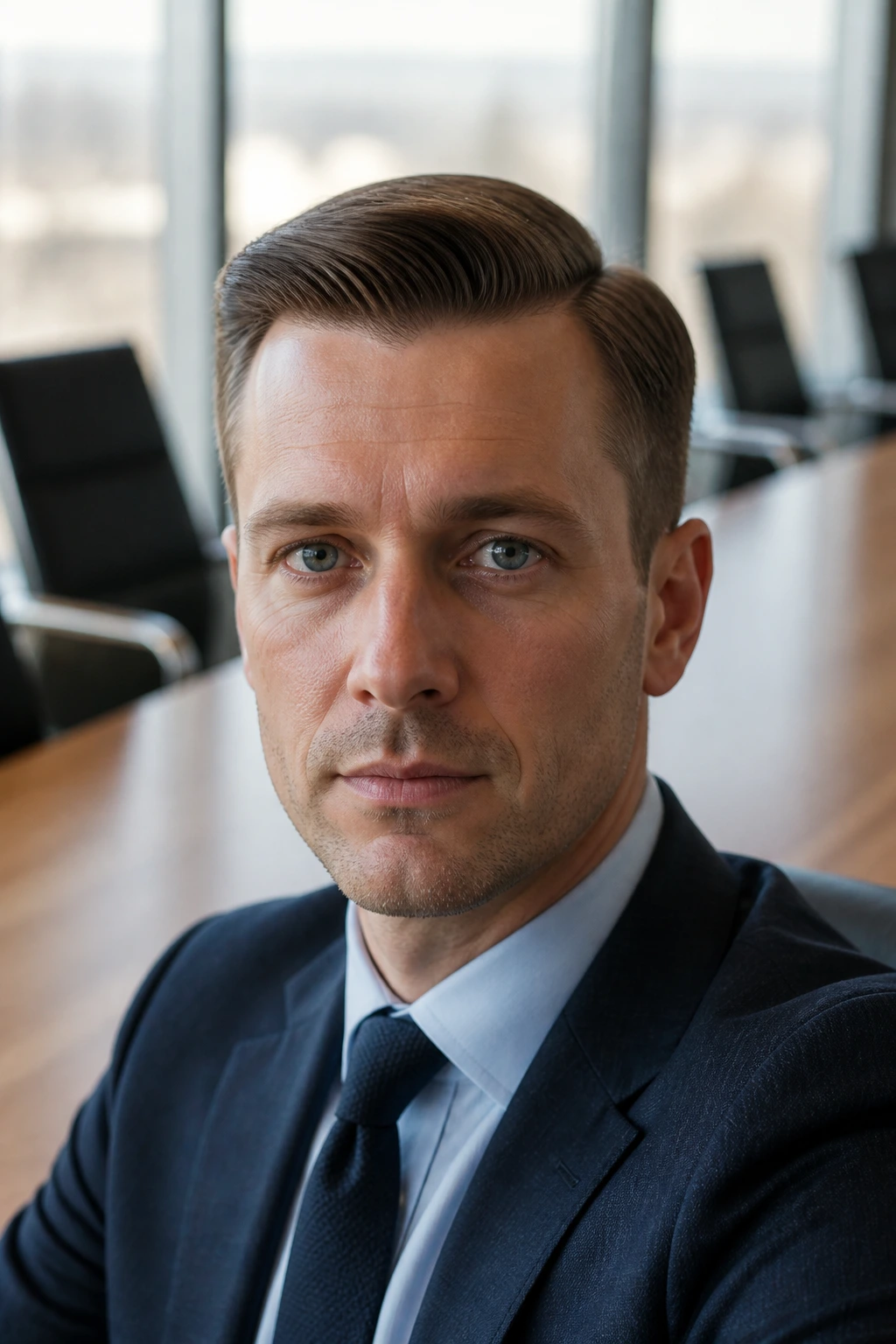 Close-up portrait of a man with a business comb over in a conference room
