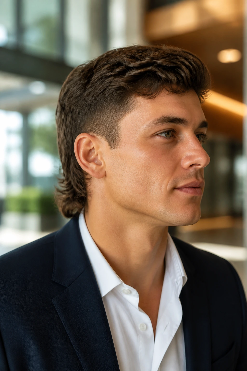 Close-up portrait of a real person with a business mullet in a professional office setting