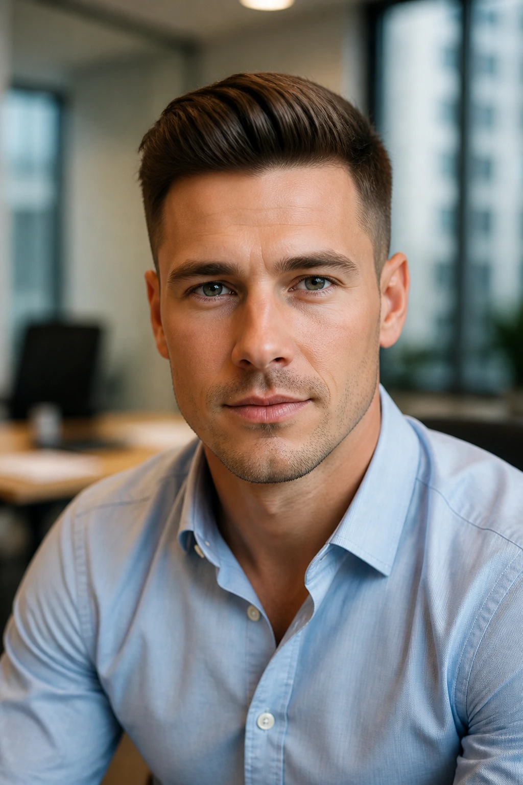 Man with business-ready quiff in office setting