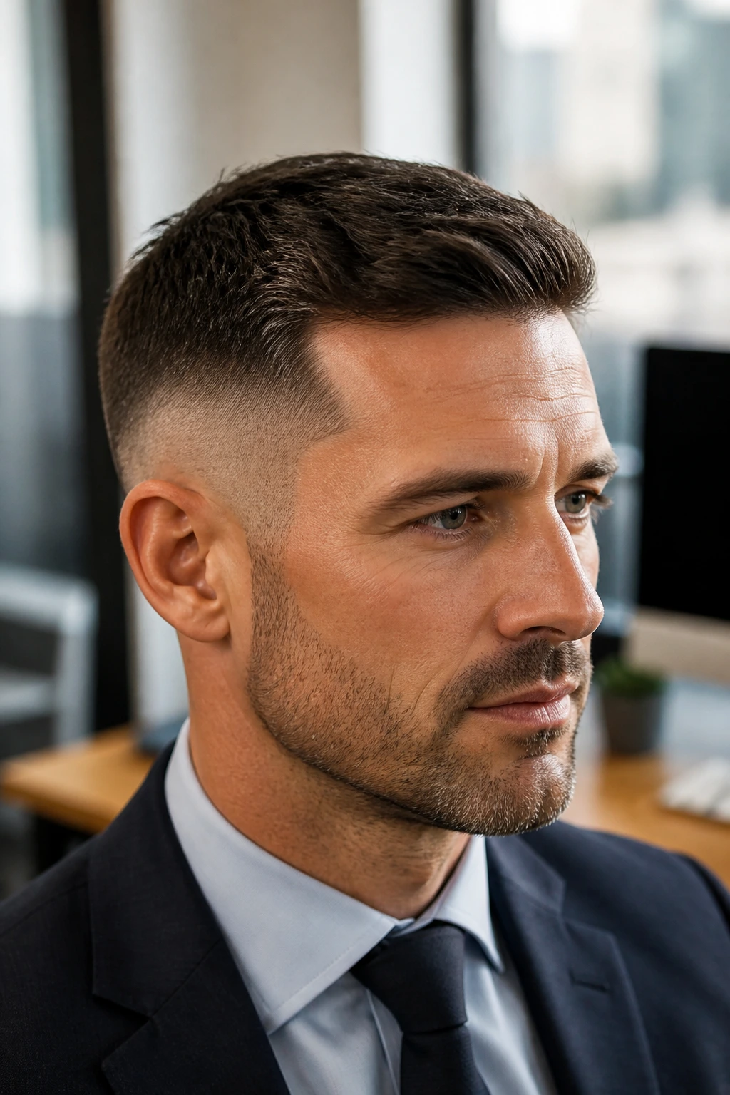 Man with business taper fade in an office setting