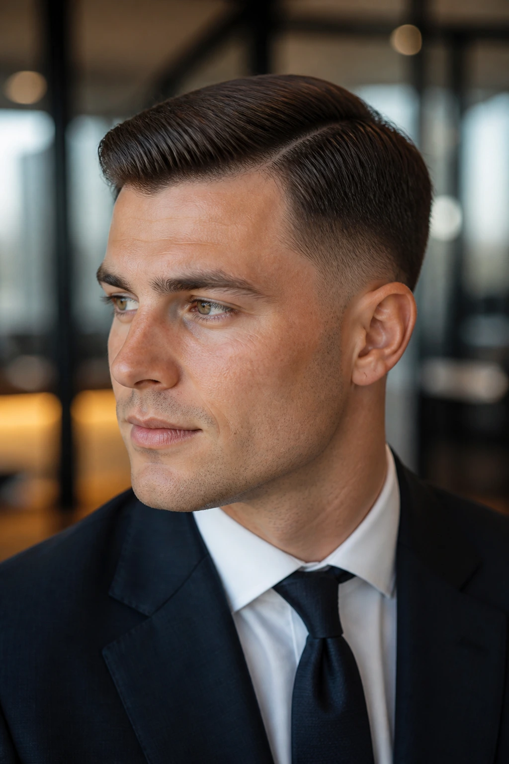 Close-up of a businessman with a natural-part taper haircut in an office setting