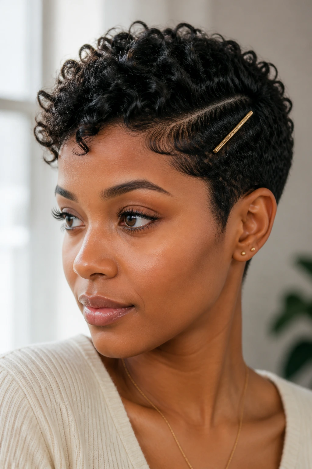 Portrait of a woman with a neat curly crop and a single hair clip