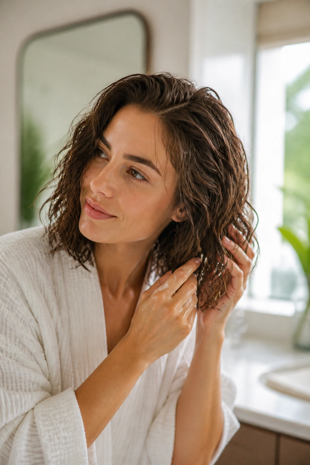 Woman styling her lob in morning light with damp hair and product