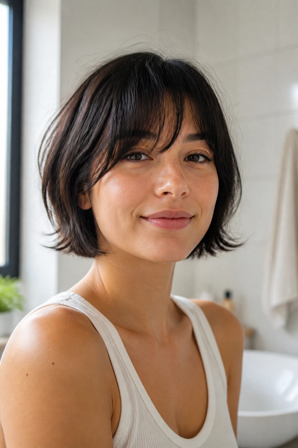 Real person in a morning bathroom with easy, low-effort bangs
