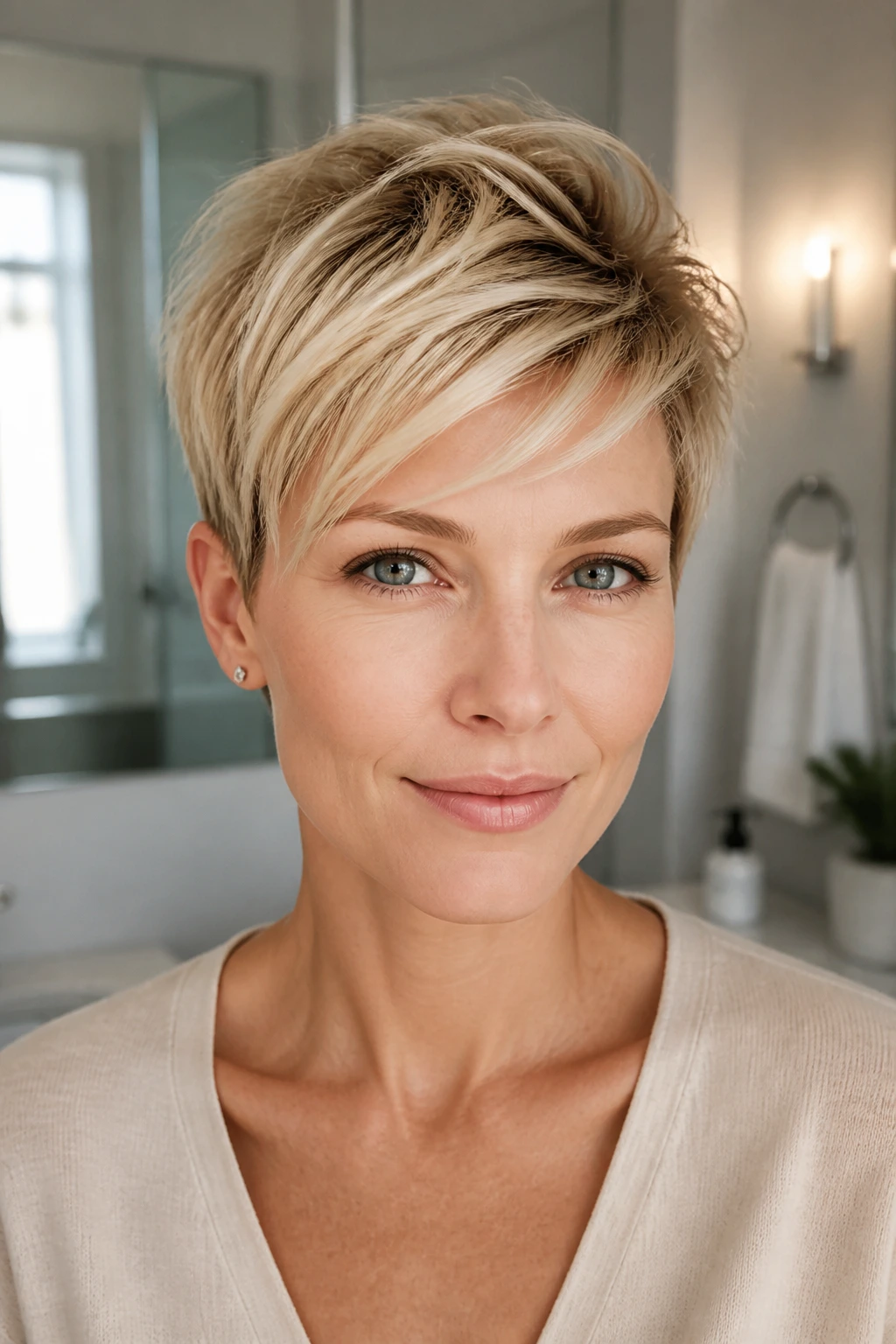 Portrait of person with blonde pixie styled for busy mornings