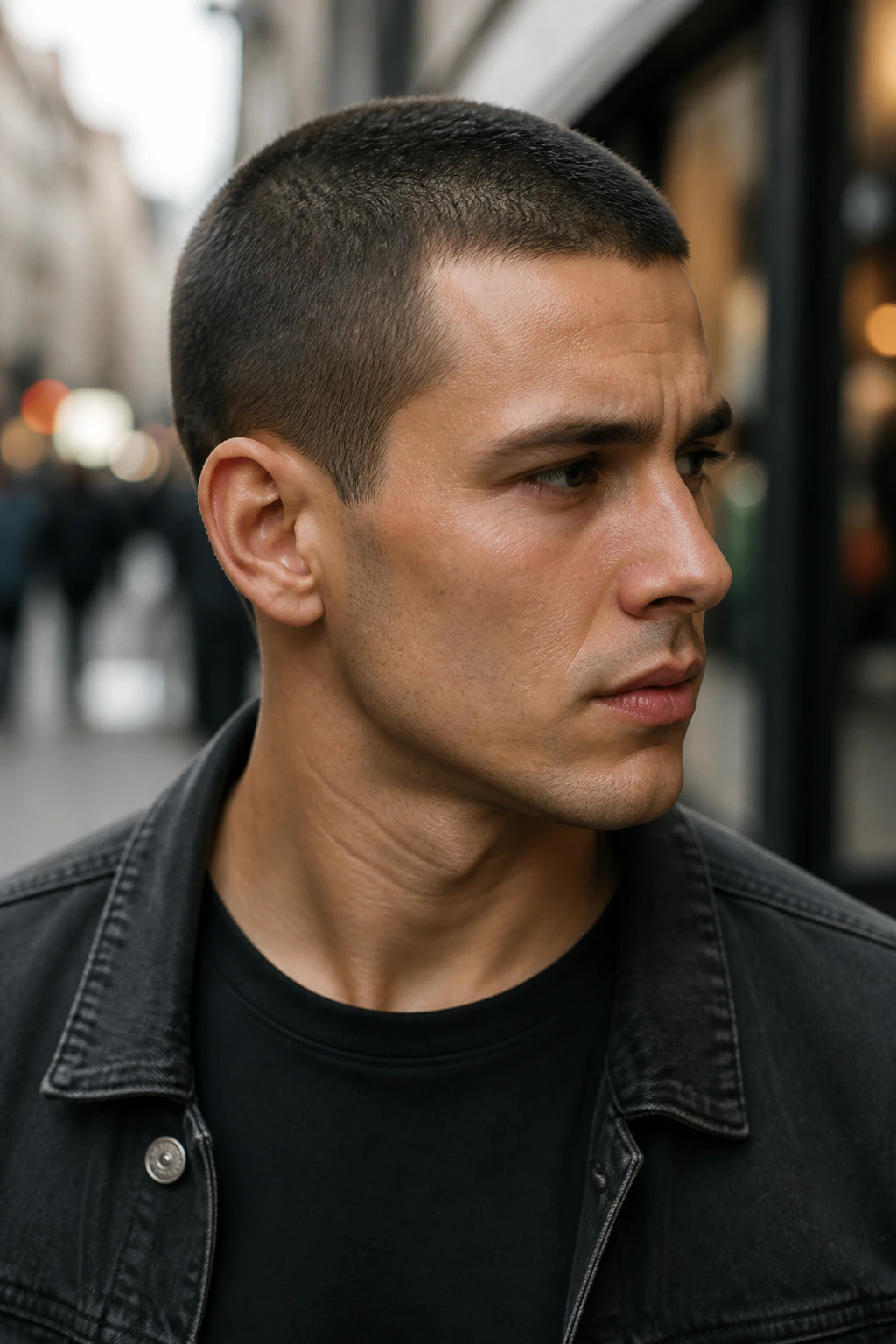Close-up of a man with a uniform butch cut in an urban setting