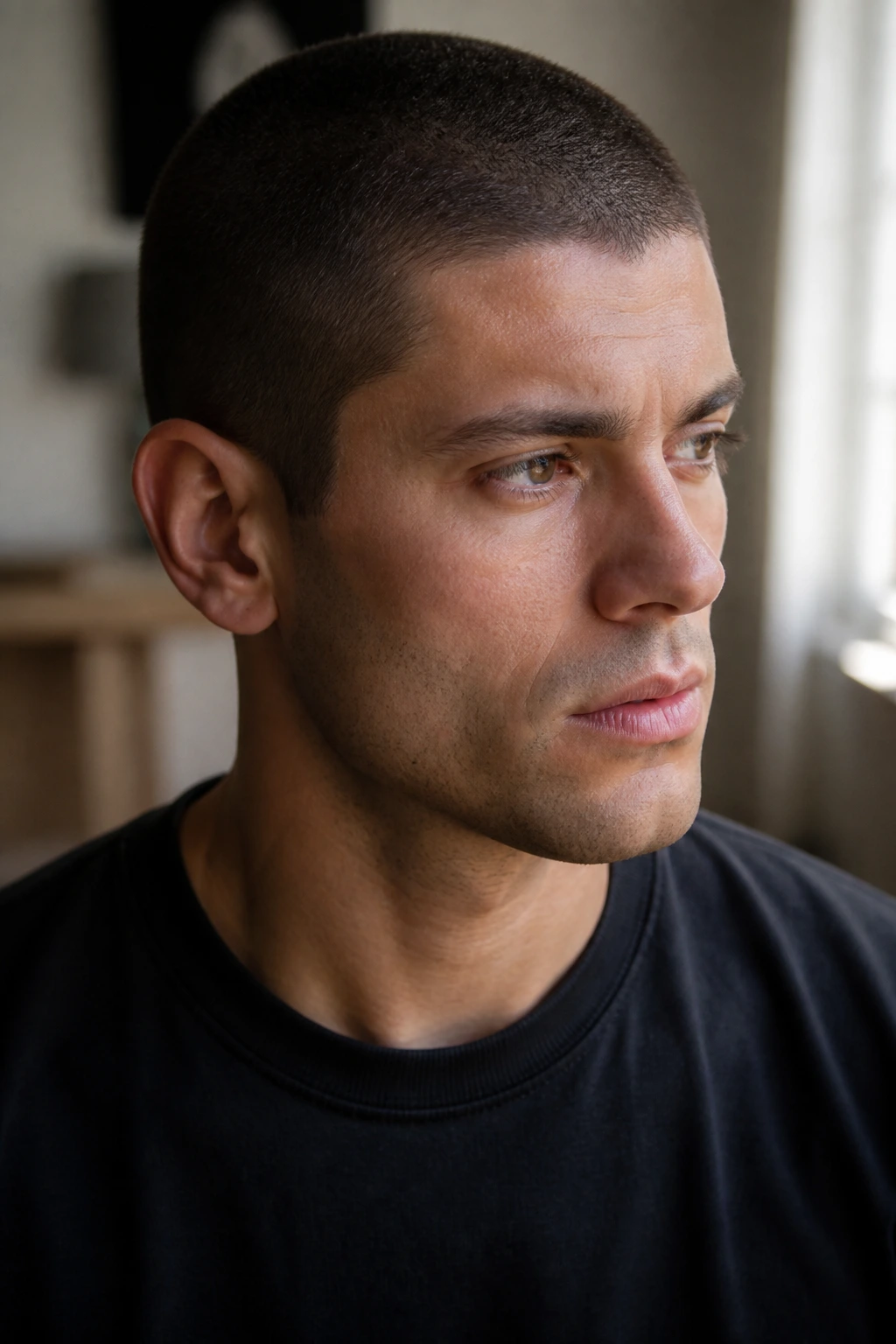 Close-up of a man with a uniform butch cut under natural window light