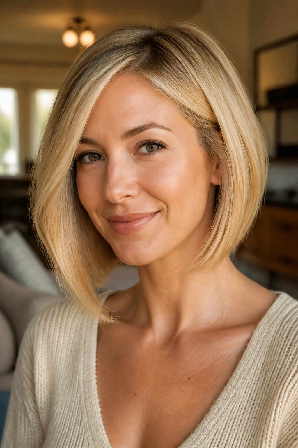 Portrait of woman with butter blonde A-line bob