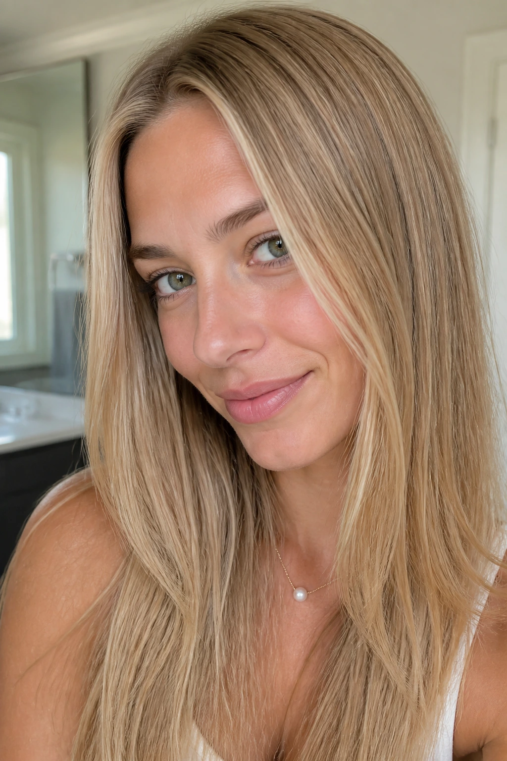 Close-up portrait of a real woman with butter blonde babylights blending into the base.
