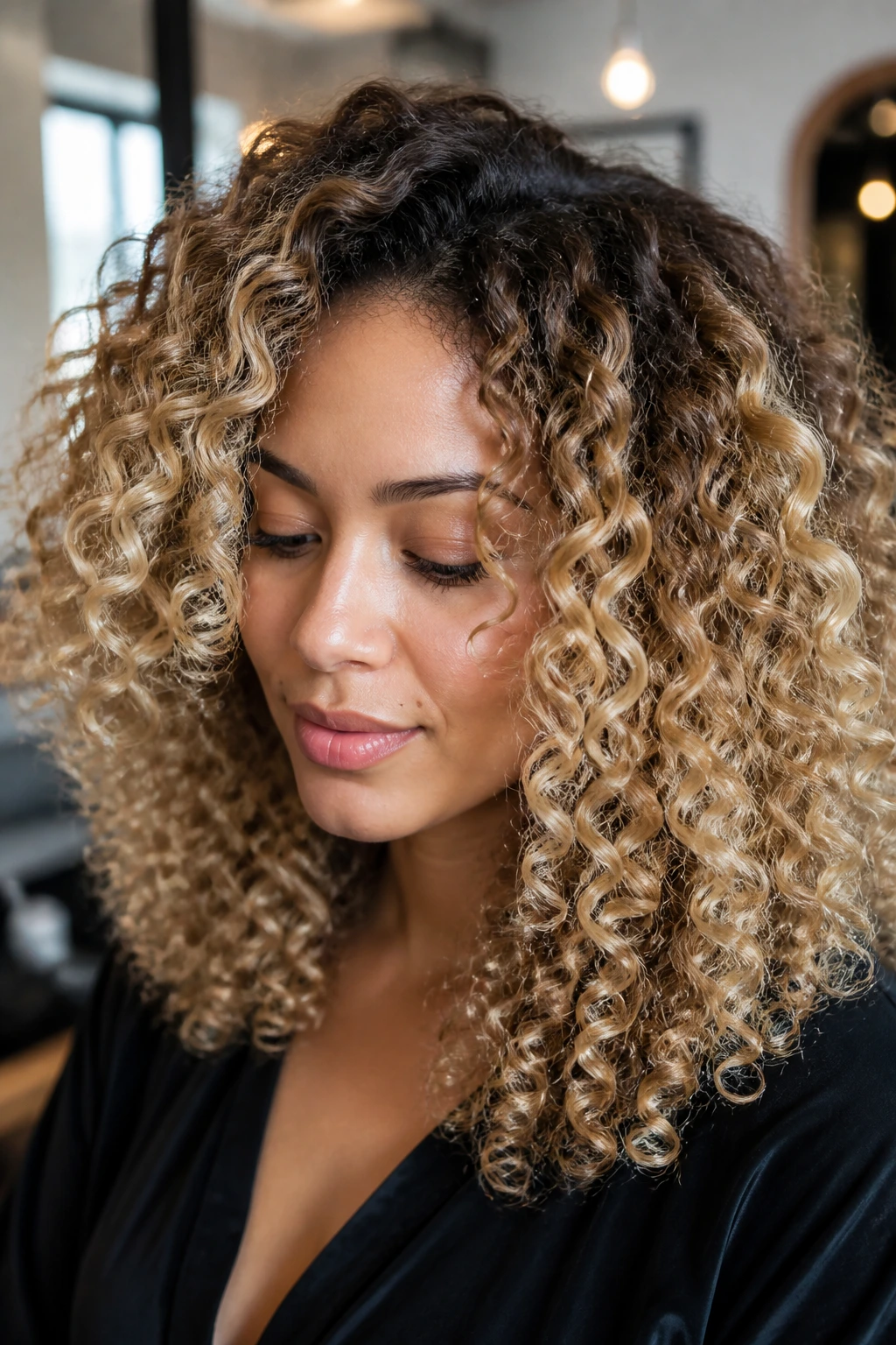Close-up of butter blonde balayage on 3B/3C curls of a real woman