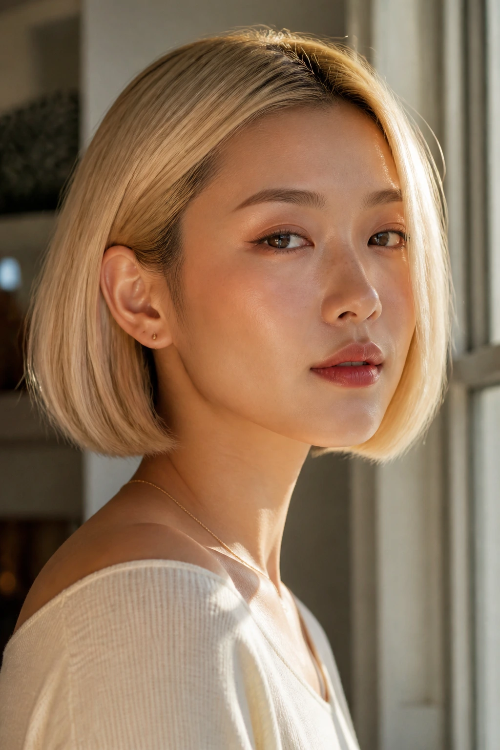 Portrait of a real woman with a butter blonde bob showing creamy pale gold tones and shine along the jaw.