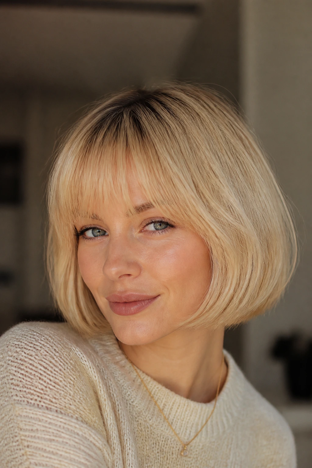 Close-up of a real woman with a butter blonde French bob, fringe above brows, warm beige-gold tones.