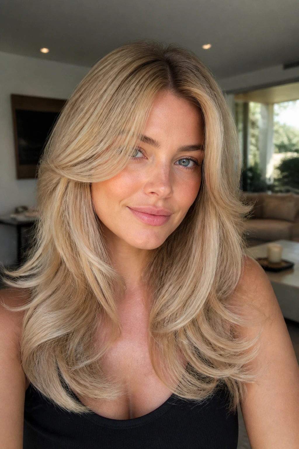 Close-up of a real woman with butter blonde butterfly cut.