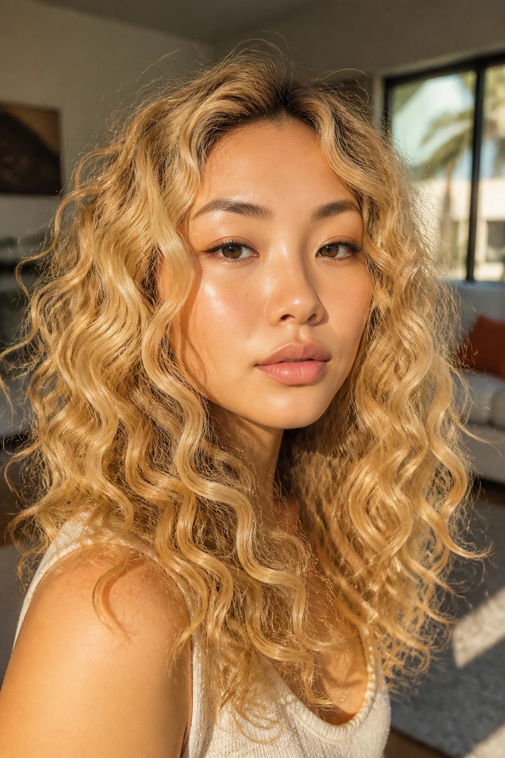 Close-up of a woman with butter blonde curls in warm light
