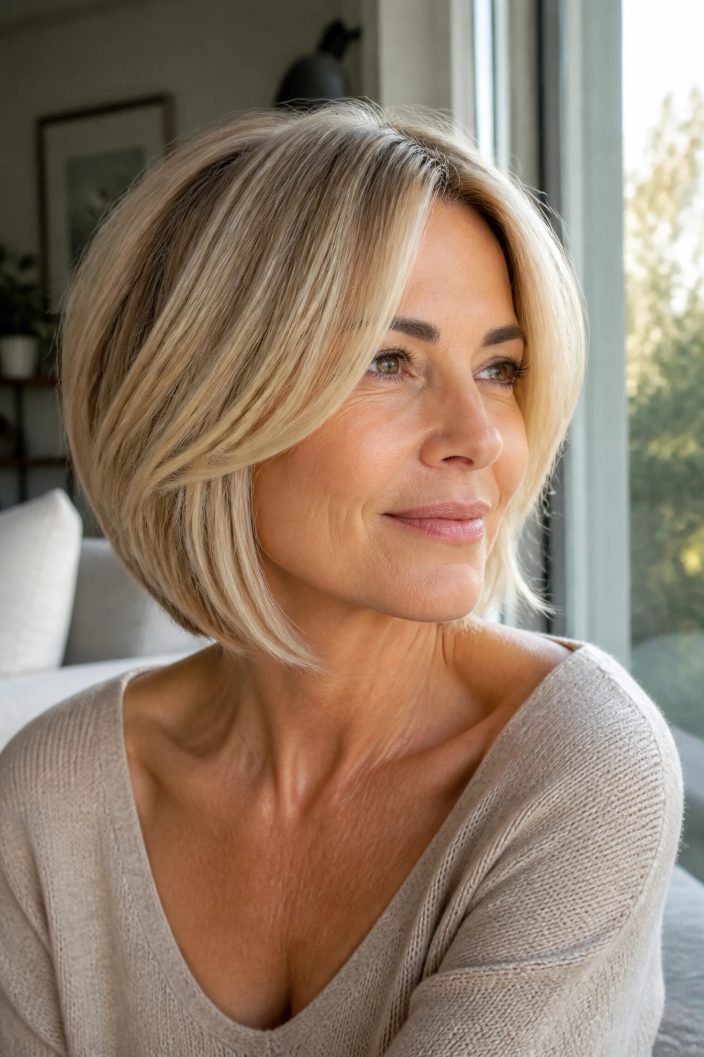 Three-quarter portrait of a woman with butter blonde curtain fringe on a cropped lob