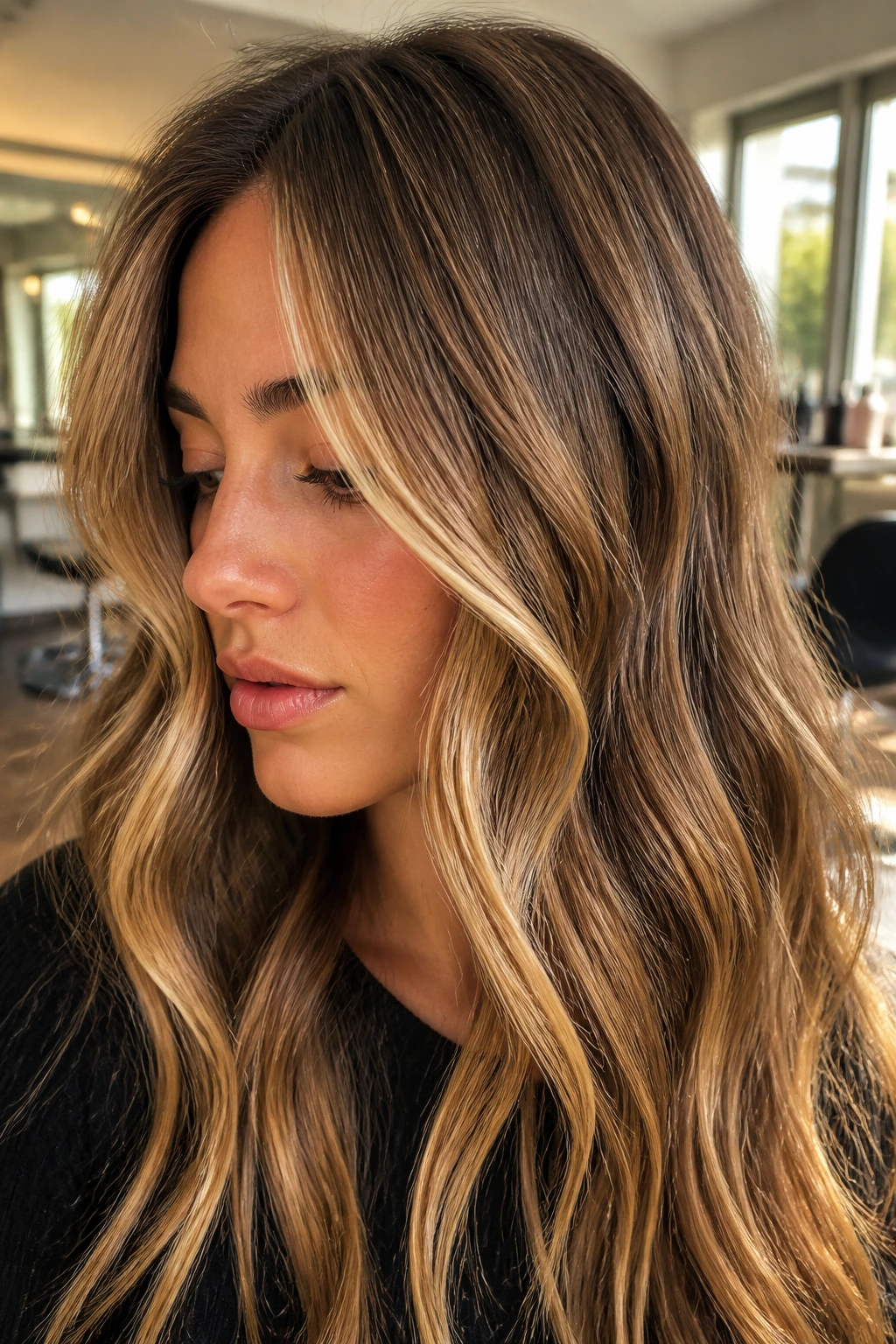 Close-up of dark blonde hair with butter blonde ribbons