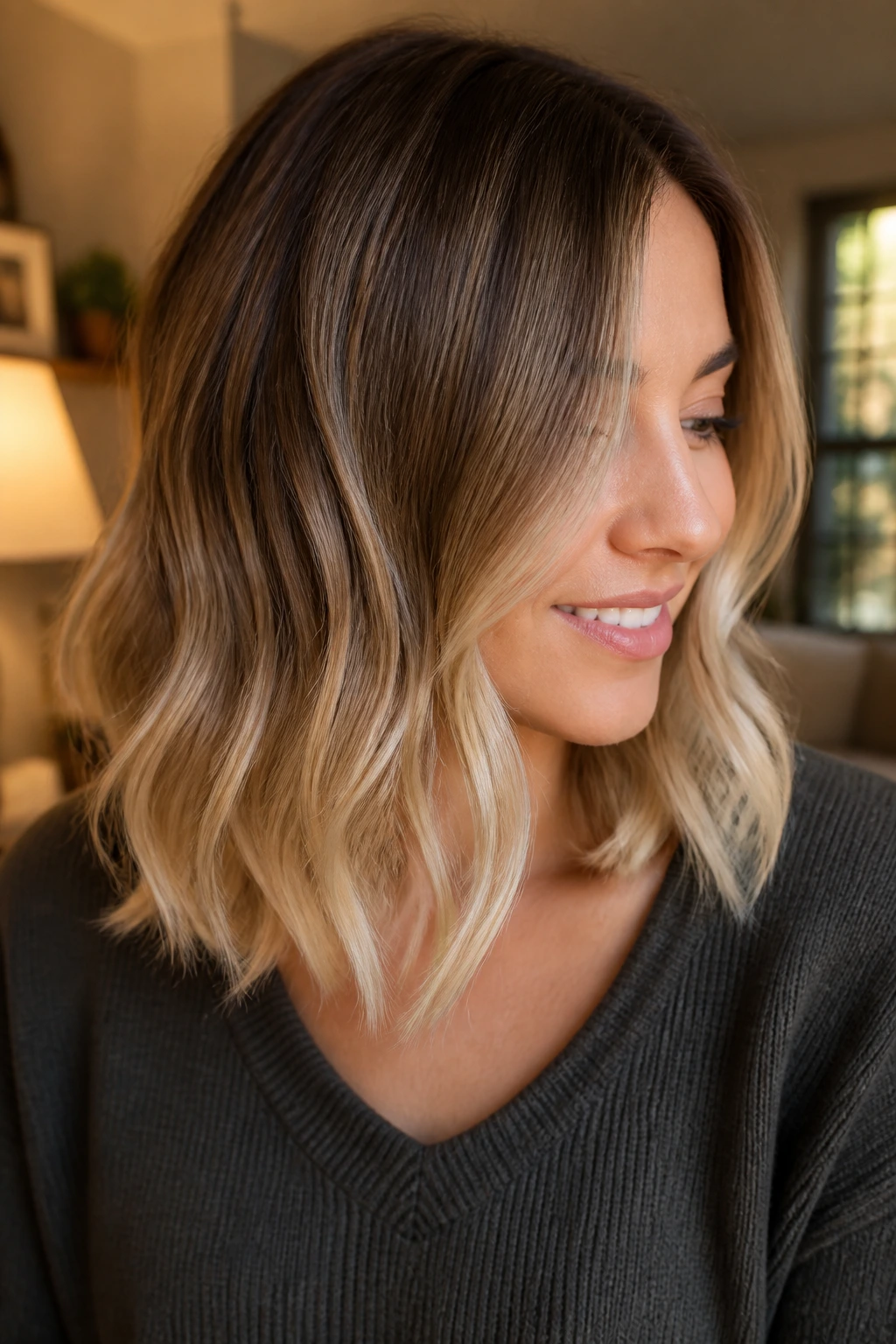 Close-up of shoulder-length hair with butter blonde ends