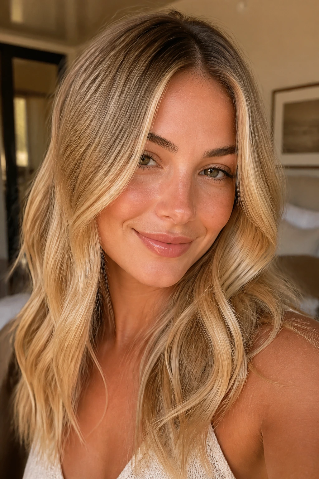 Portrait of a real person with natural-looking butter blonde hair and warm skin.