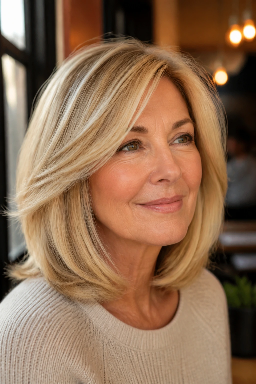 Close-up of a real woman with butter blonde layered lob