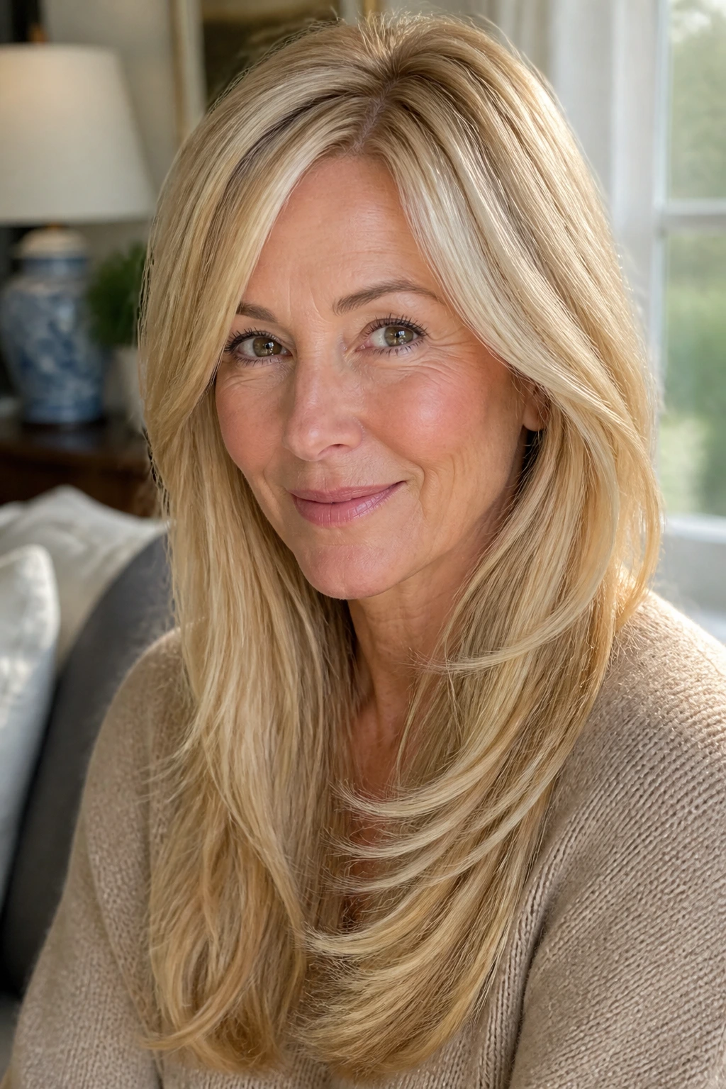 Close-up of a real woman with Creamy Butter Blonde Layers hair in soft layered long hair.