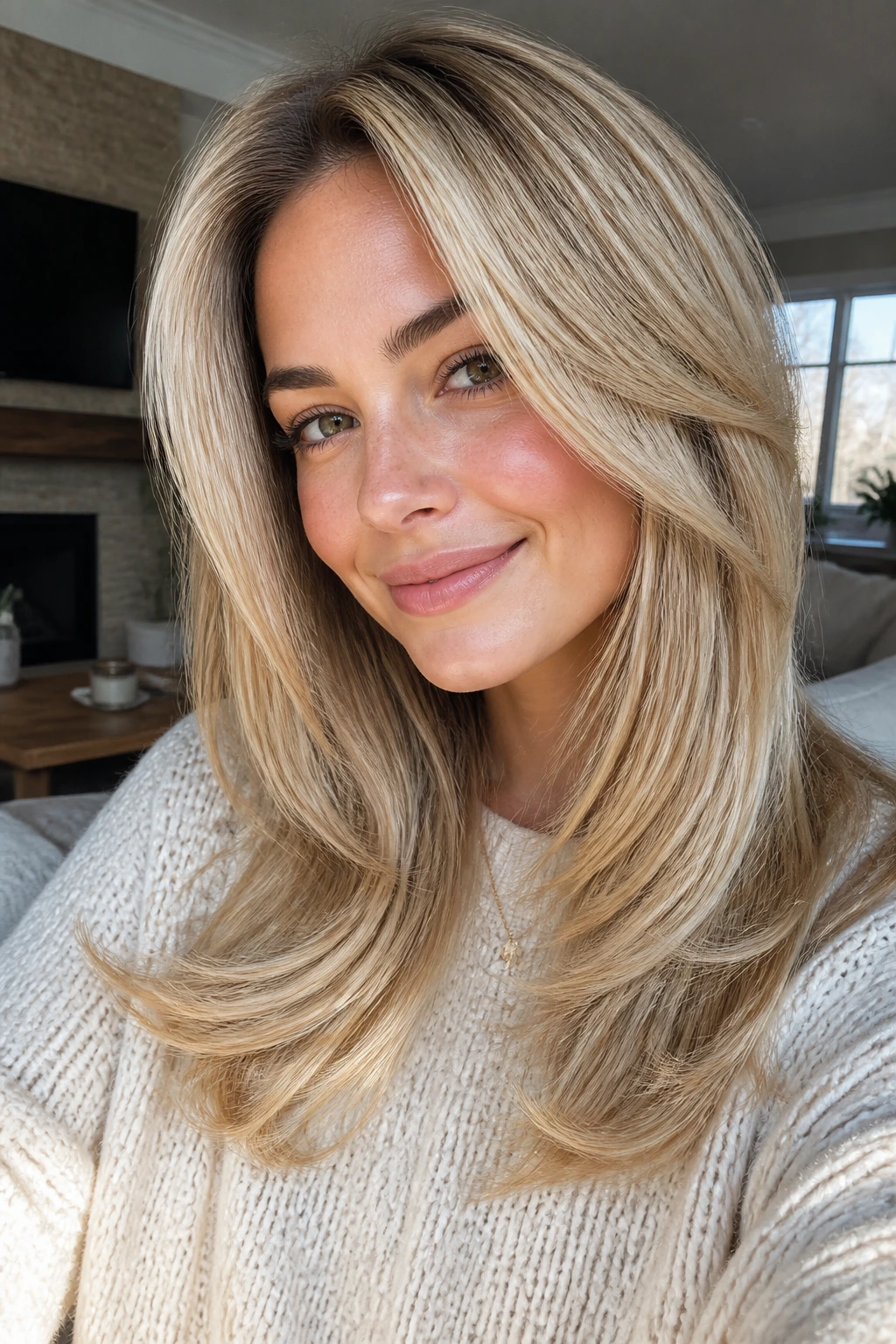 Portrait of a woman with butter blonde layered hair in a cozy setting