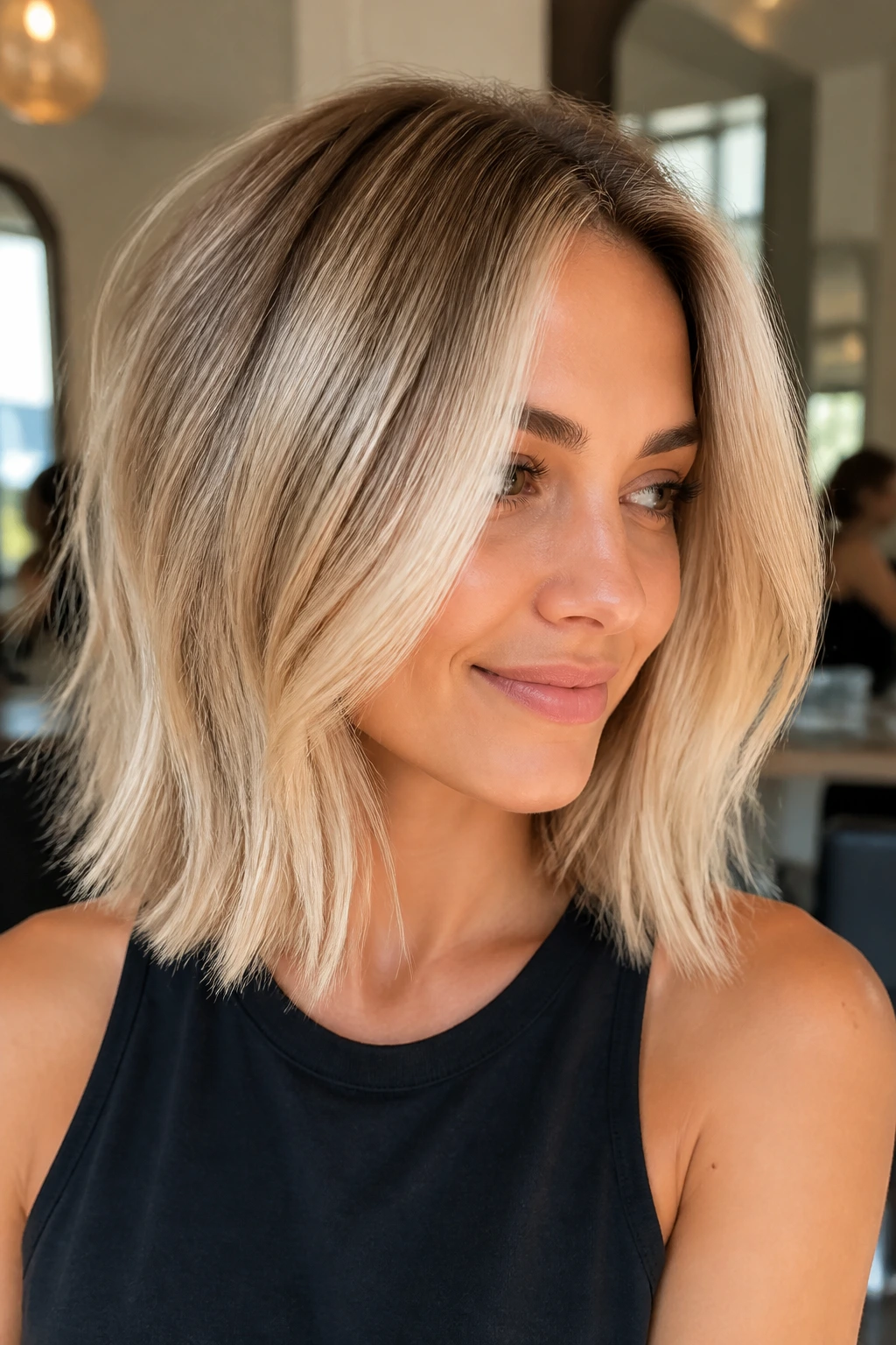 Close-up of a real woman with rooted butter blonde lob and soft root melt