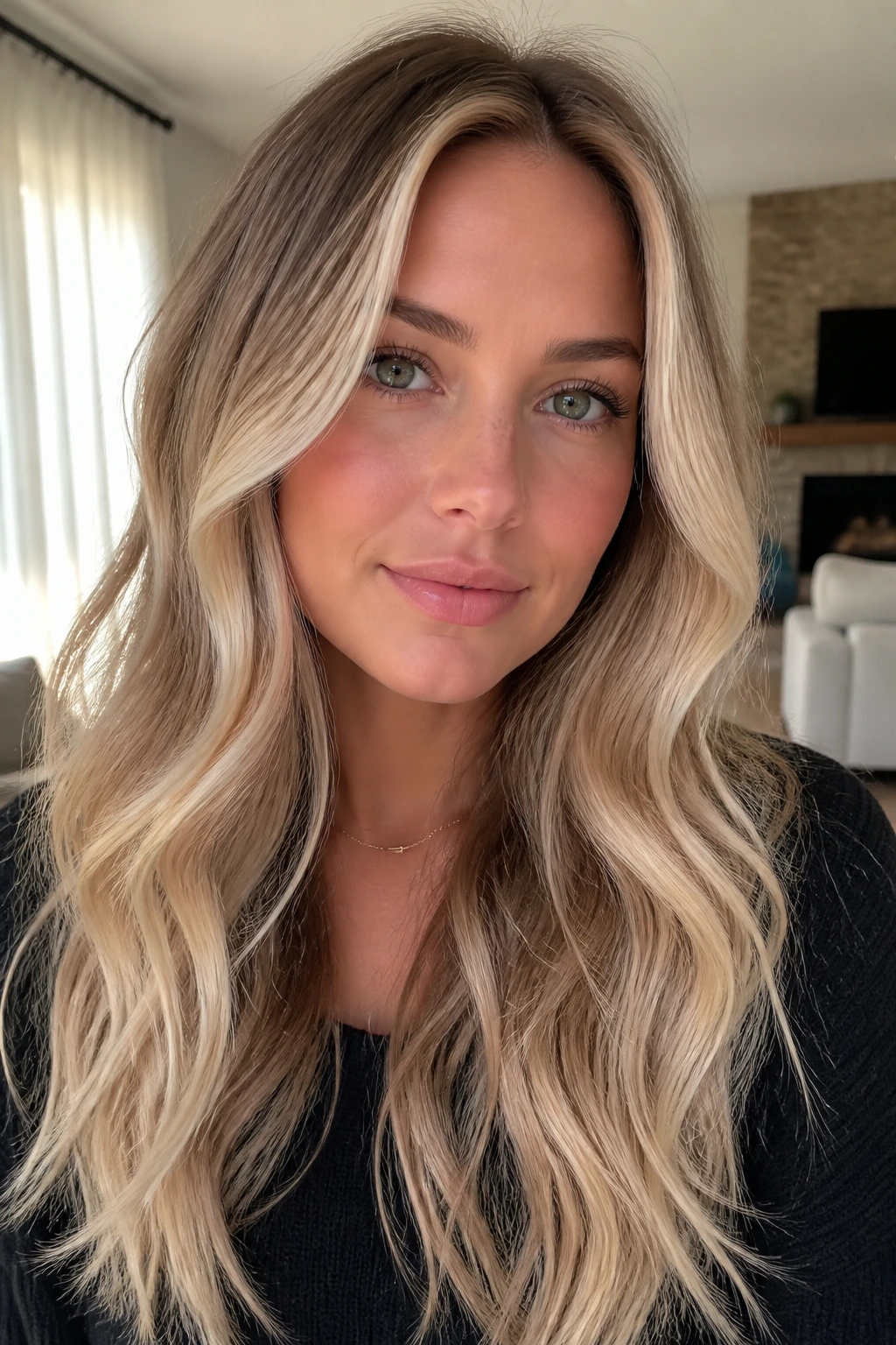 Butter blonde money piece on long layered waves