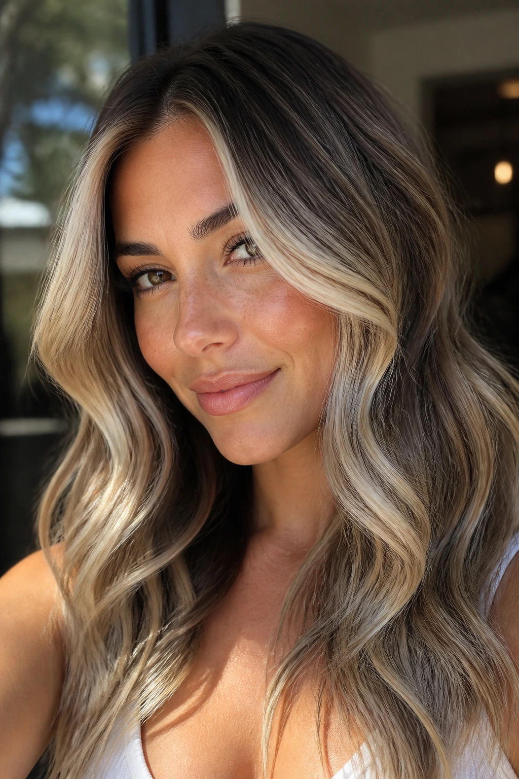 Close-up of butter blonde money piece on balayaged hair framing the face