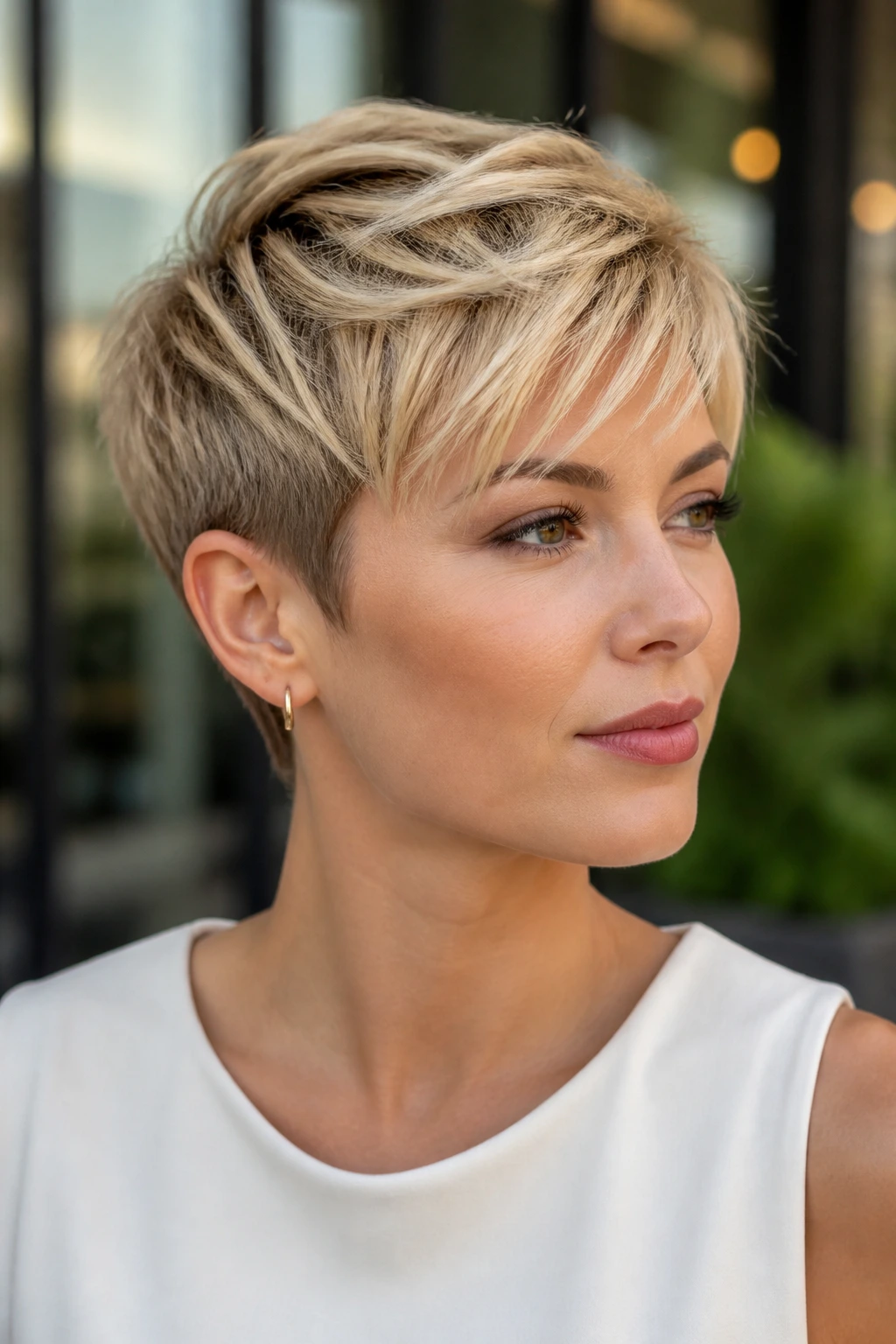 Portrait of a real woman with butter blonde pixie cut in soft light