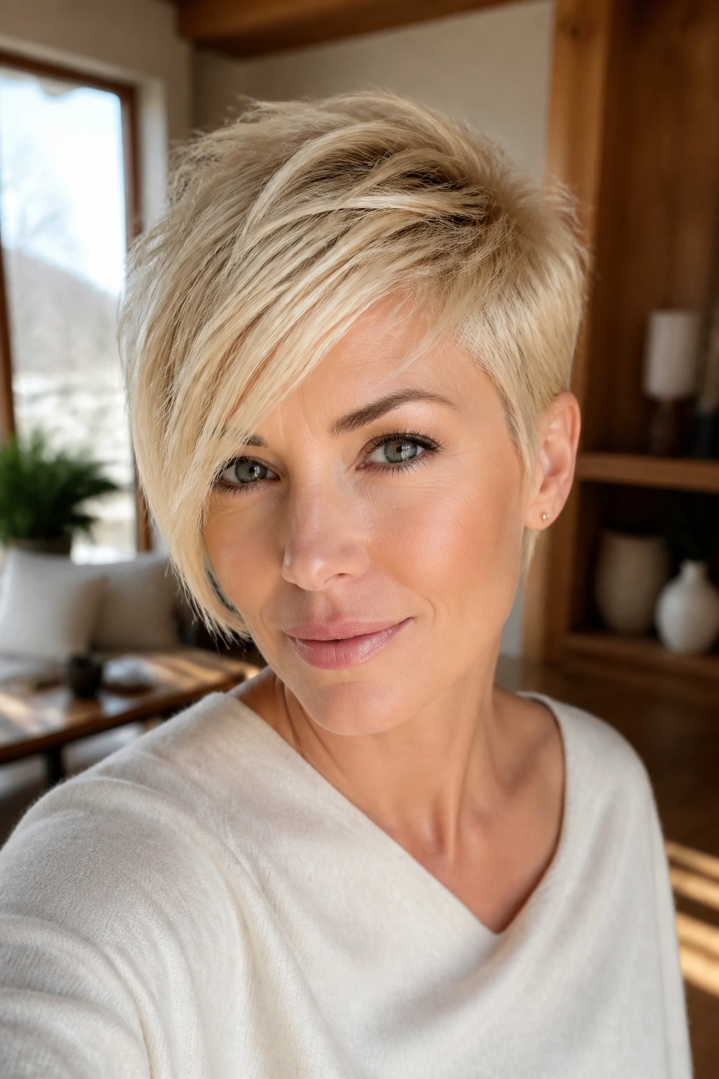 Real woman with butter blonde pixie and side-swept fringe in a warm sunlit room