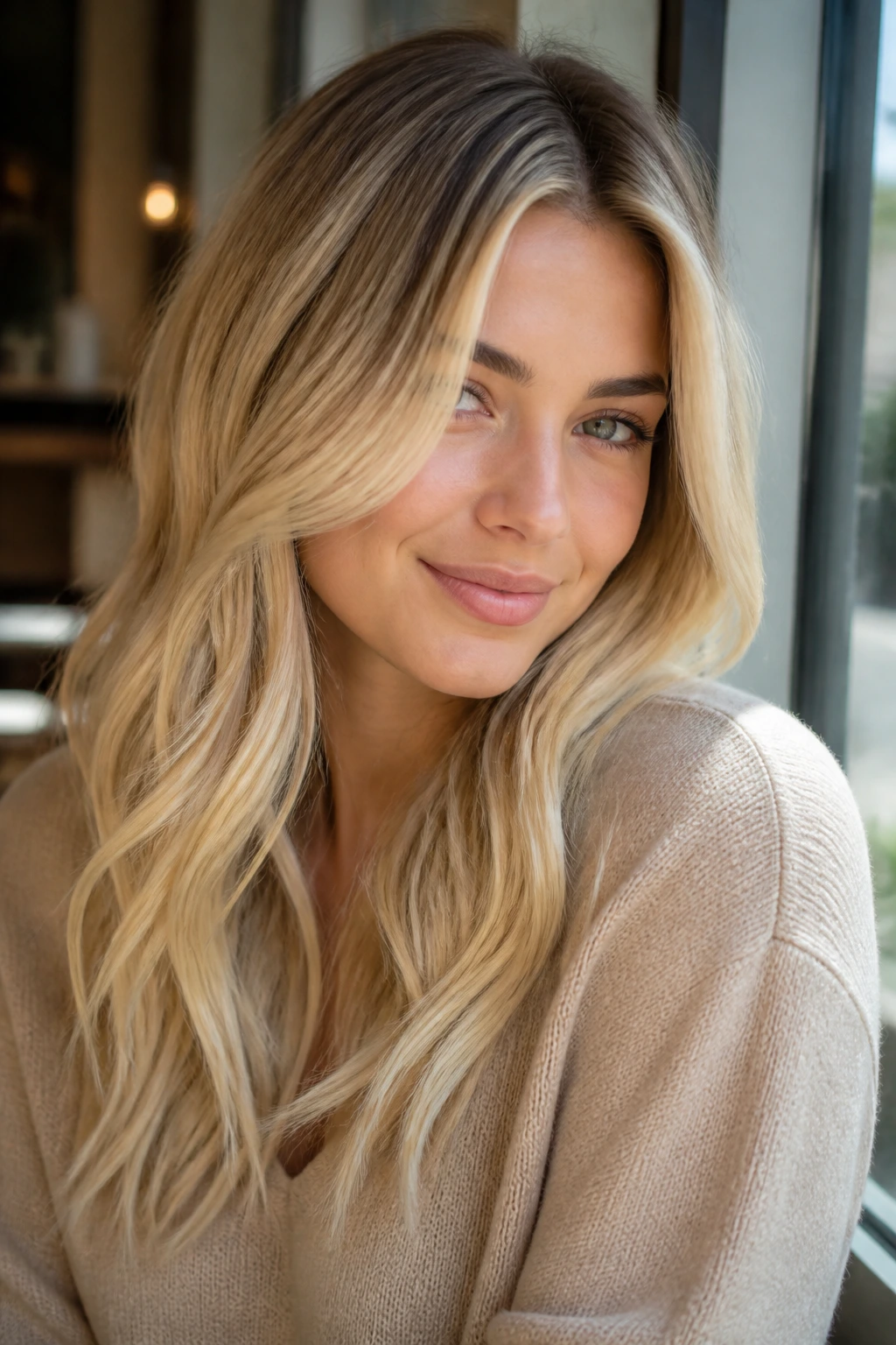 Close-up of a woman with soft rooted butter blonde and face-framing light