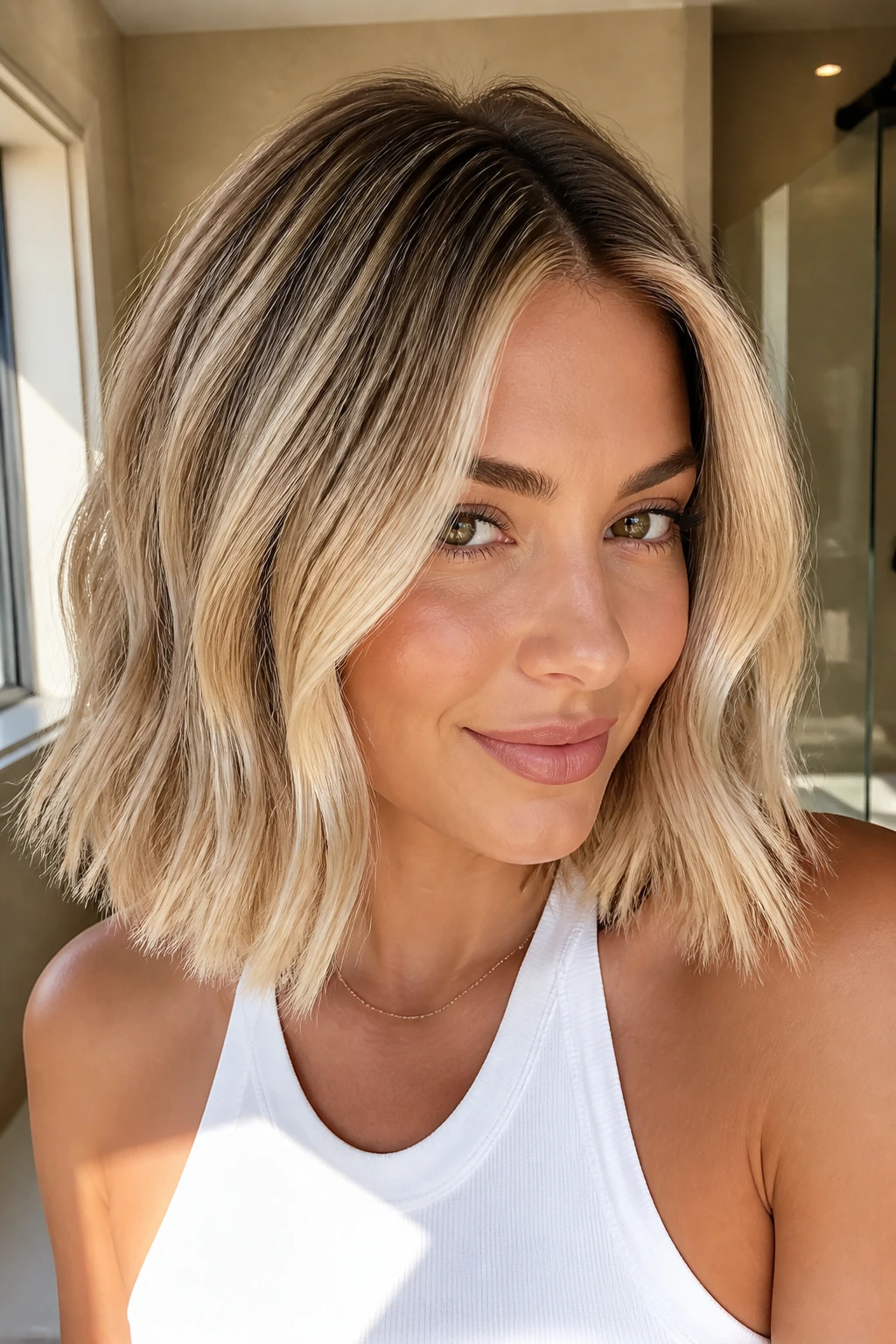 Close-up of a real woman with shoulder-length butter blonde hair and a soft root melt.