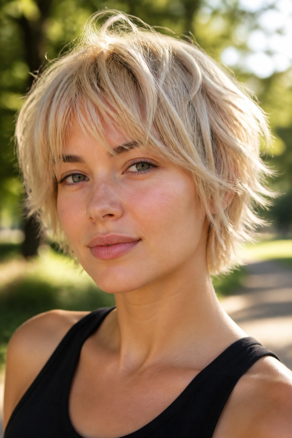 Close-up of a real woman with butter blonde shag crop in soft sunlight.