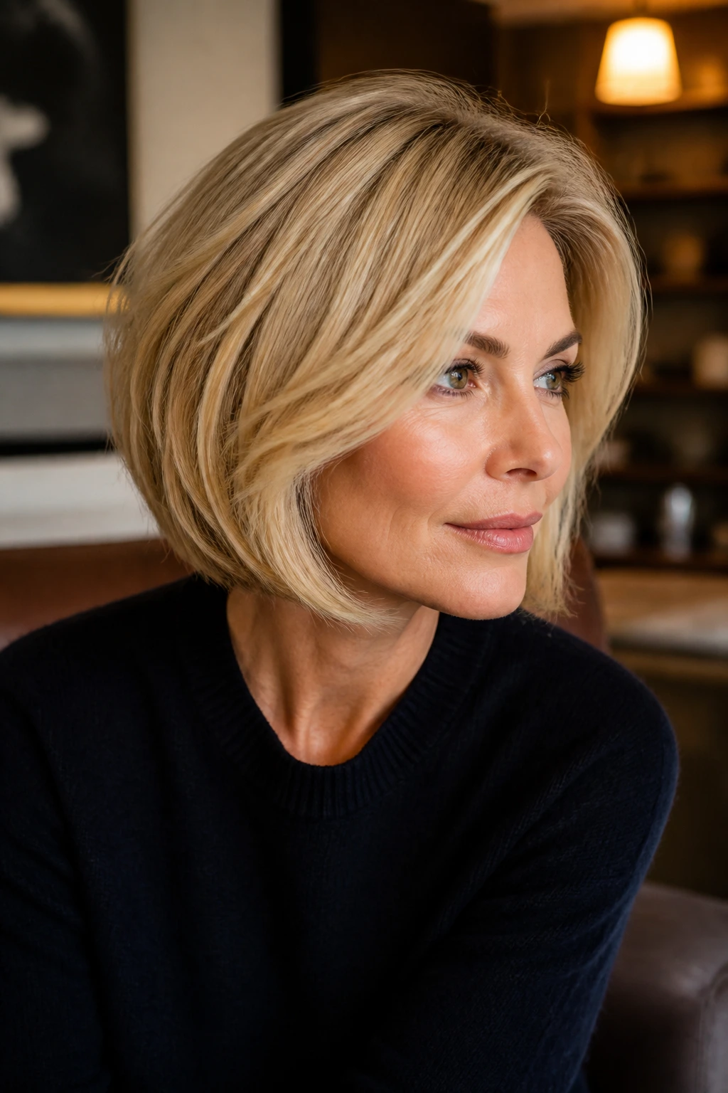Close-up portrait of a real woman with butter blonde side-part bob and crown lift