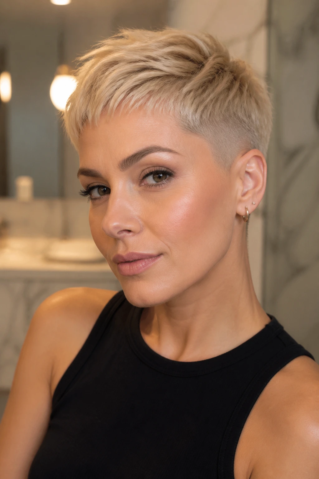 Real woman with butter blonde undercut crop and soft top styling