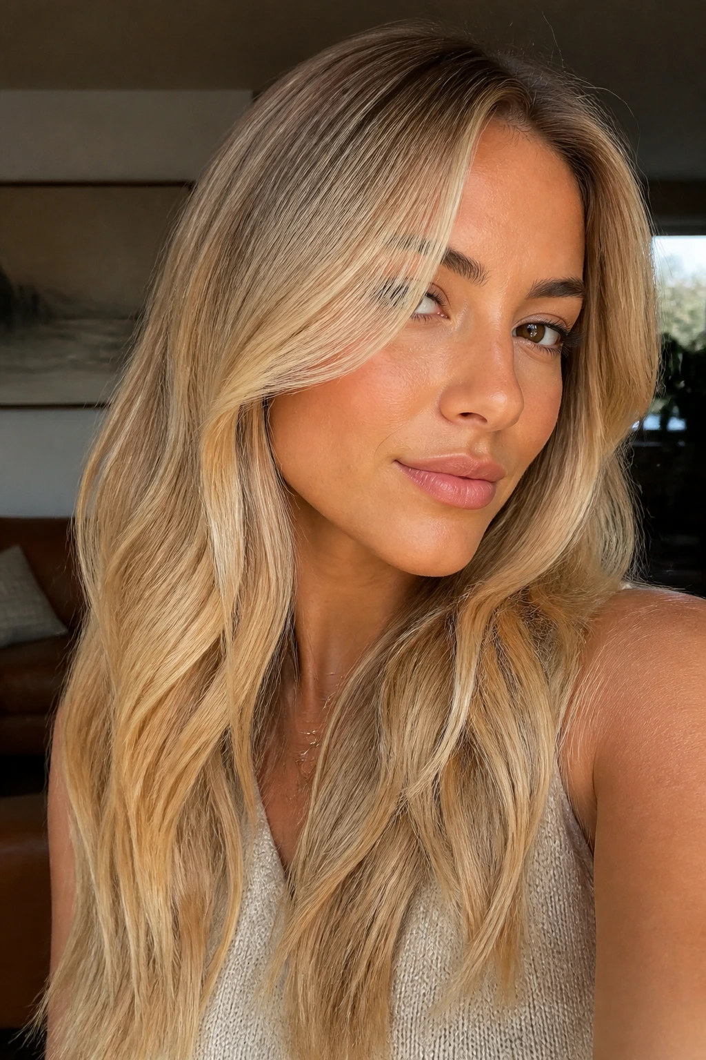 Close-up portrait showing butter-blonde hair with color variations