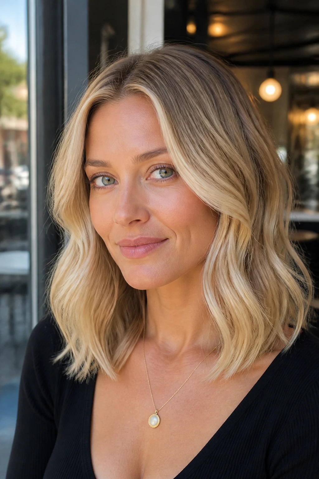 Portrait of a woman with butter blonde waves and face-framing lift