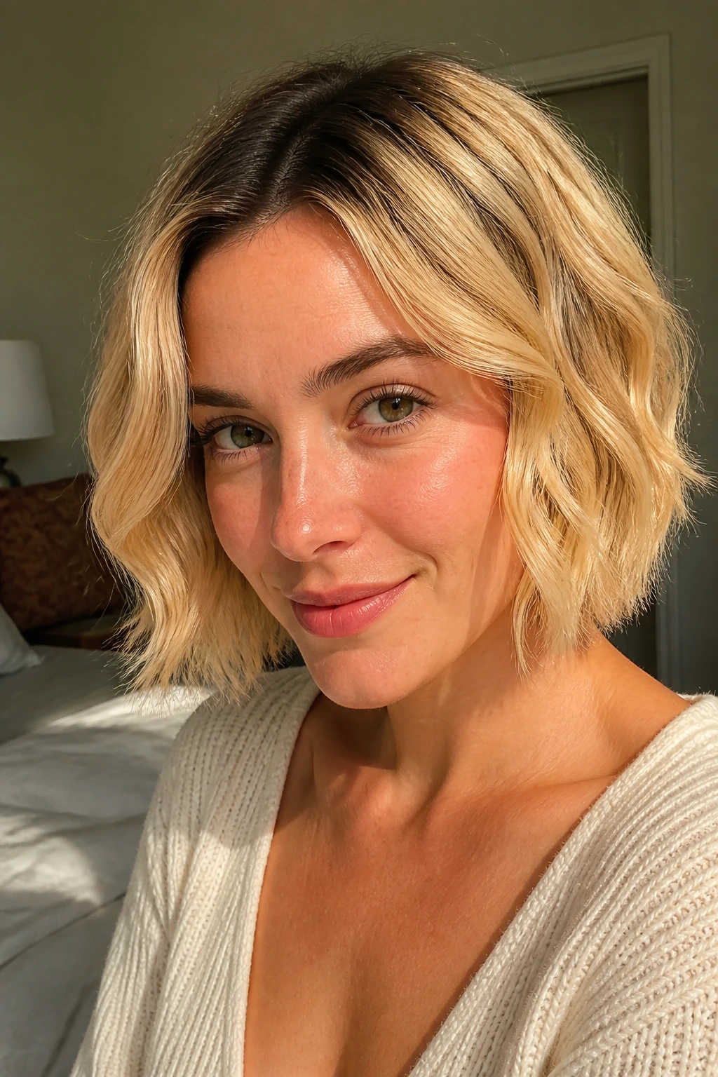 Close-up of a real woman with butter blonde chin-length waves and dark roots in warm daylight