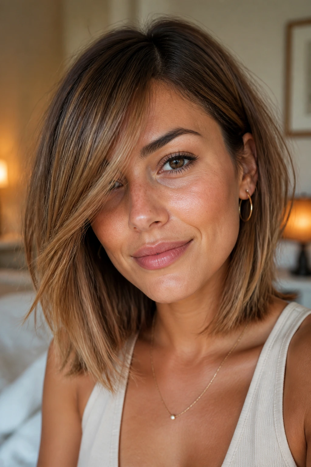 Close-up of a real woman with a butter-toffee lob and side-swept bangs in warm bedroom light.