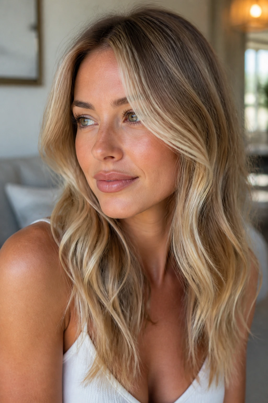 Close-up of a real woman with beige blonde balayage and cheekbone framing ribbons