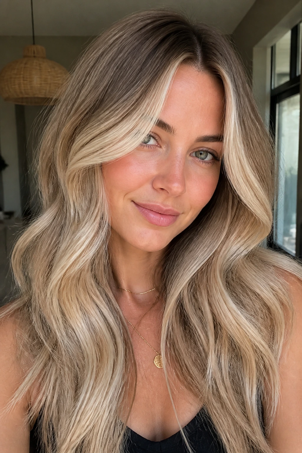 Close-up of a real woman with buttercream blonde balayage in warm light