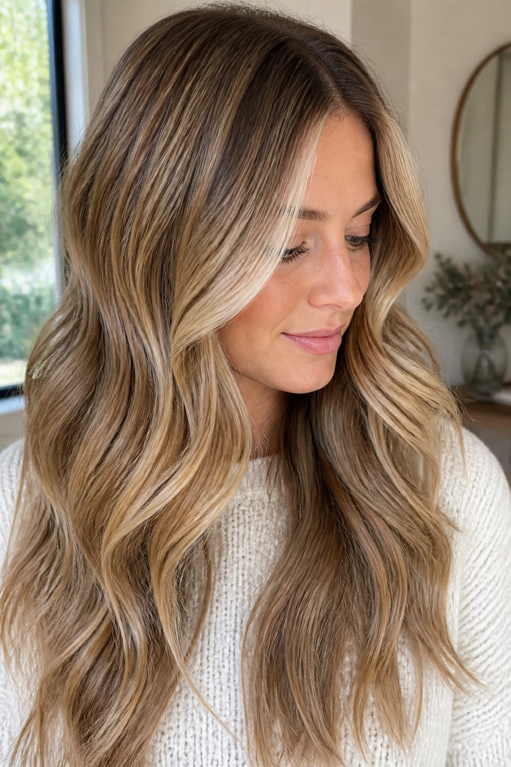 Close-up of a woman with buttercream blonde balayage in a bright interior