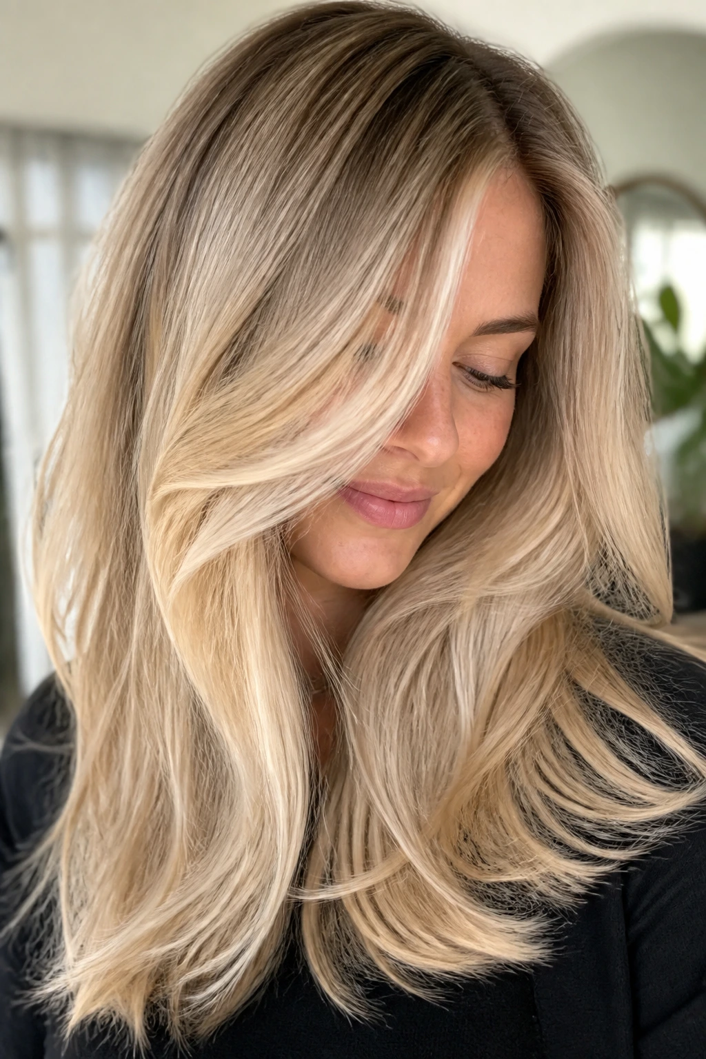Close-up of buttercream blonde balayage on a real person with soft glow